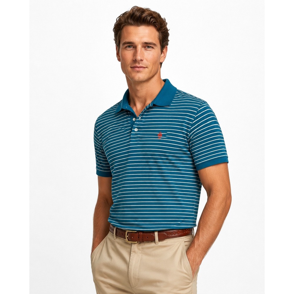 Brooks Brothers Red Fleece Mens Large‎ Teal Blue White Striped Cotton Polo Shirt
